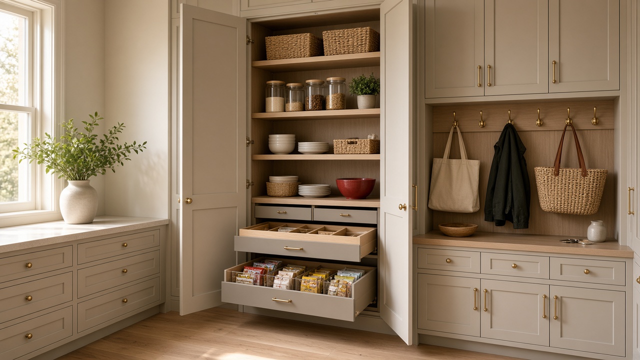 Custom pantry cabinetry with organized drawers, baskets, and canisters beside a mudroom drop zone