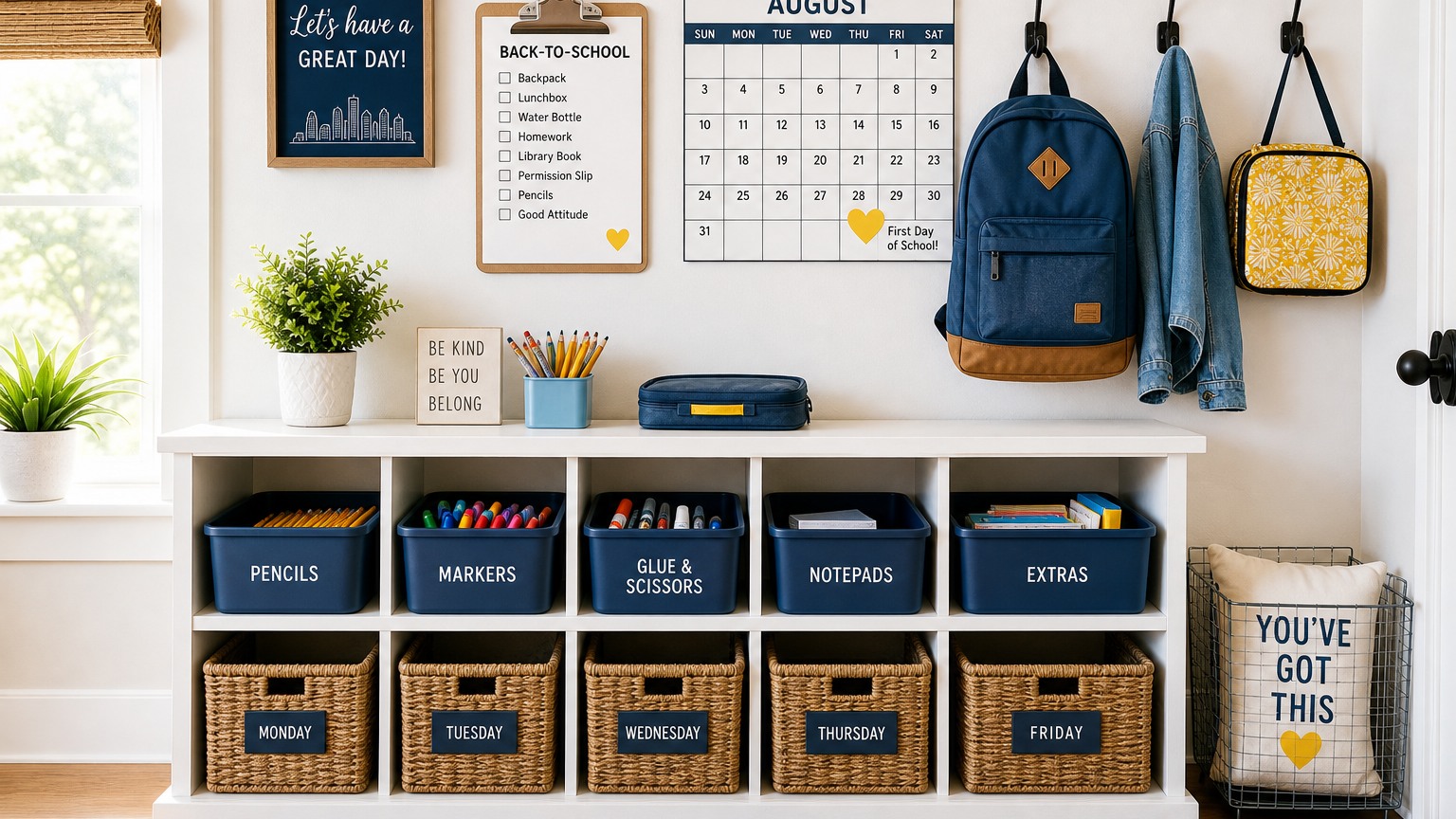 Organized back-to-school prep station with labeled supplies and backpack hooks in a Houston home