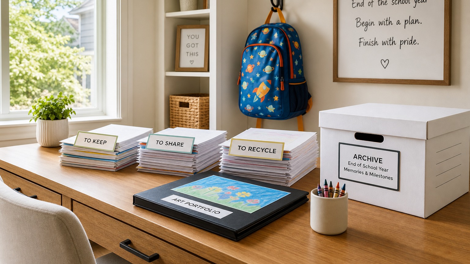 Organized kids' workspace with sorted school papers and labeled bins in a Houston home