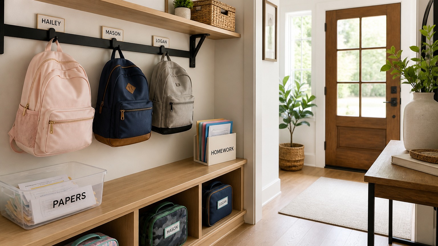 Organized Houston entryway with backpack hooks, lunchboxes, and a homework folder station for the first week of school
