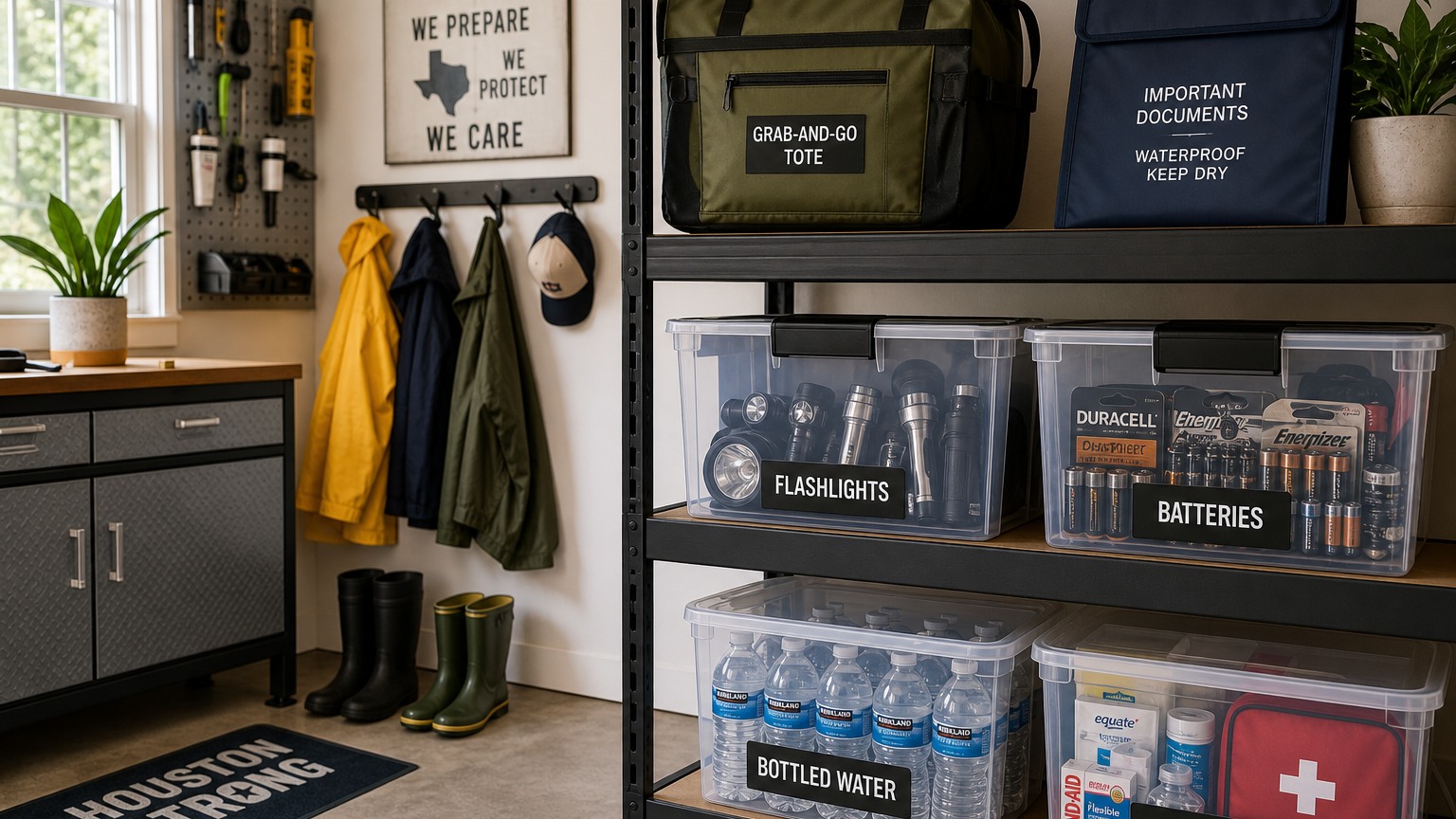 Labeled hurricane supply bins and grab-and-go tote in an organized Houston garage