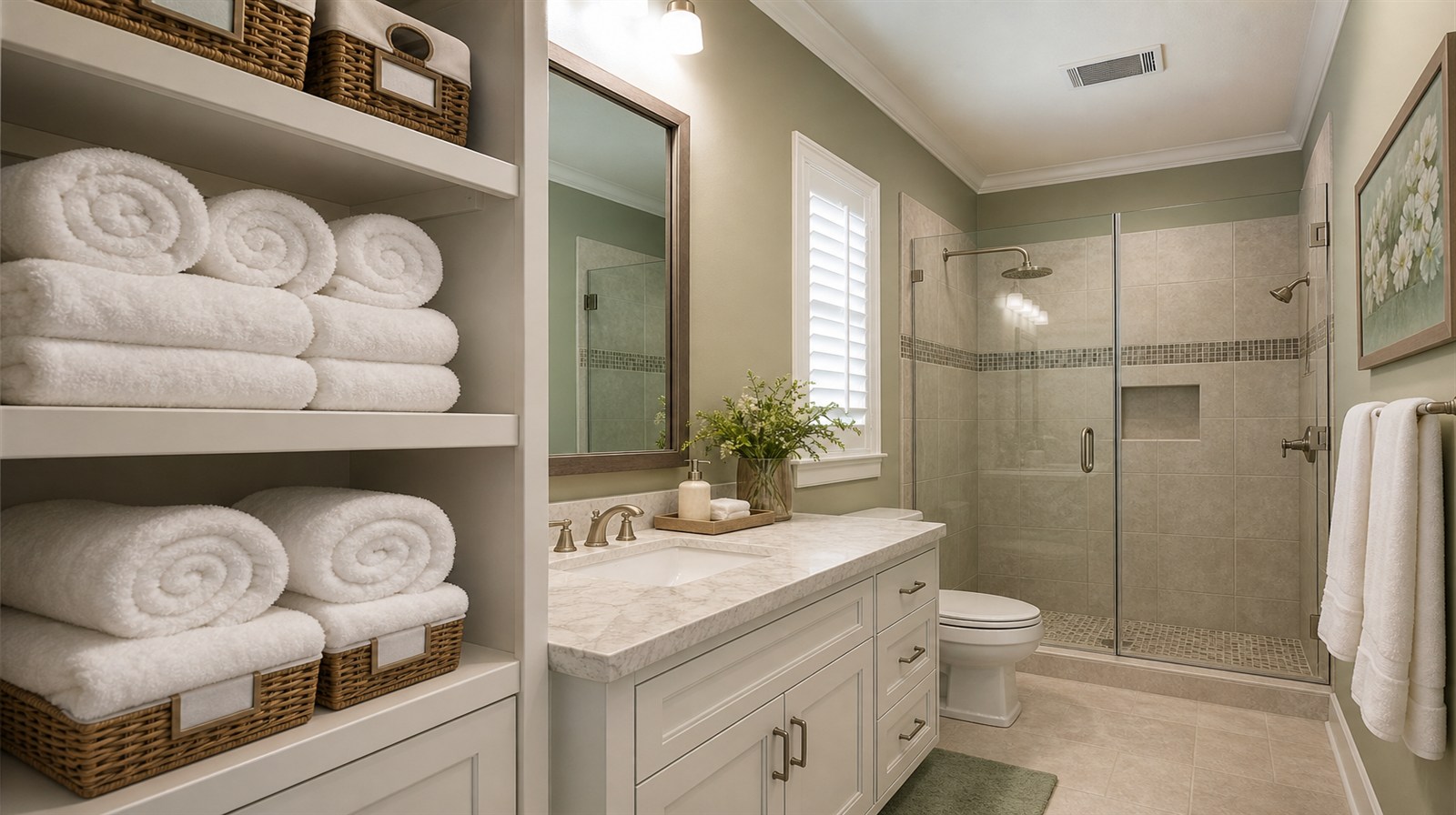 Organized guest bathroom and linen display for summer hosting in Houston