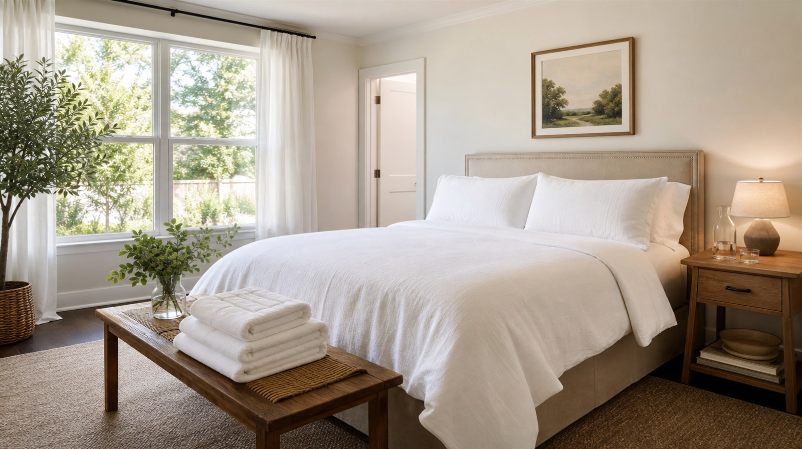 Bright guest bedroom organized for summer visitors in a Houston home