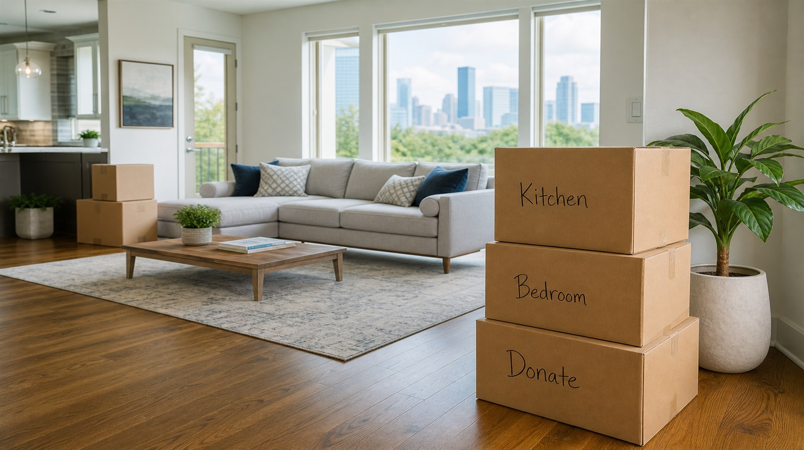 Labeled moving boxes in an organized Houston living room before closing