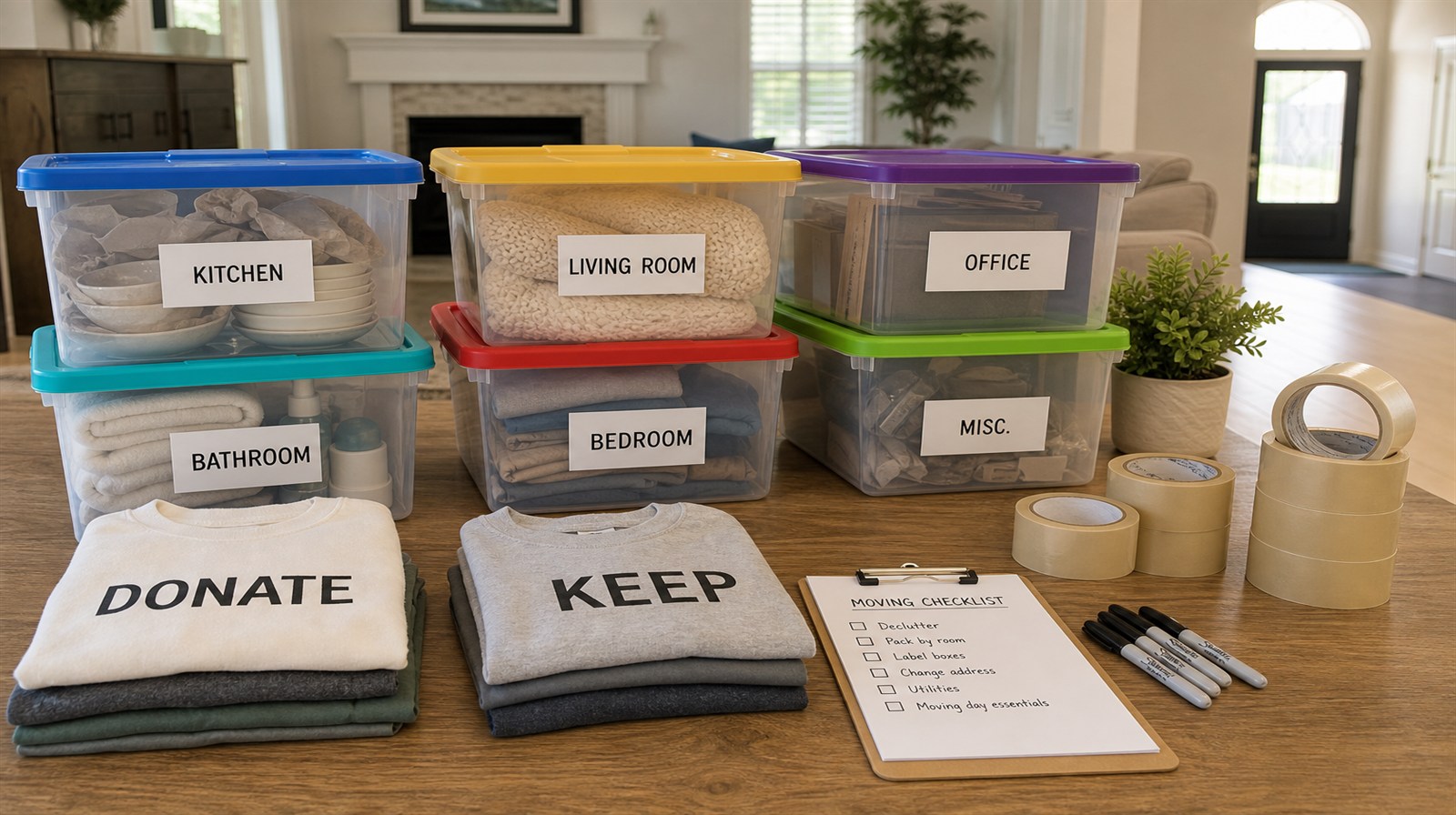 Sorting station with labeled bins and supplies for an organized Houston move