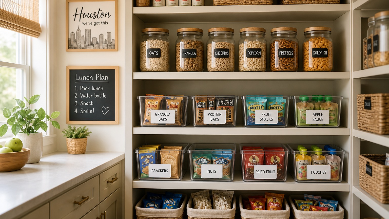 Organized Houston pantry with labeled snack bins and lunch packing staples for back-to-school