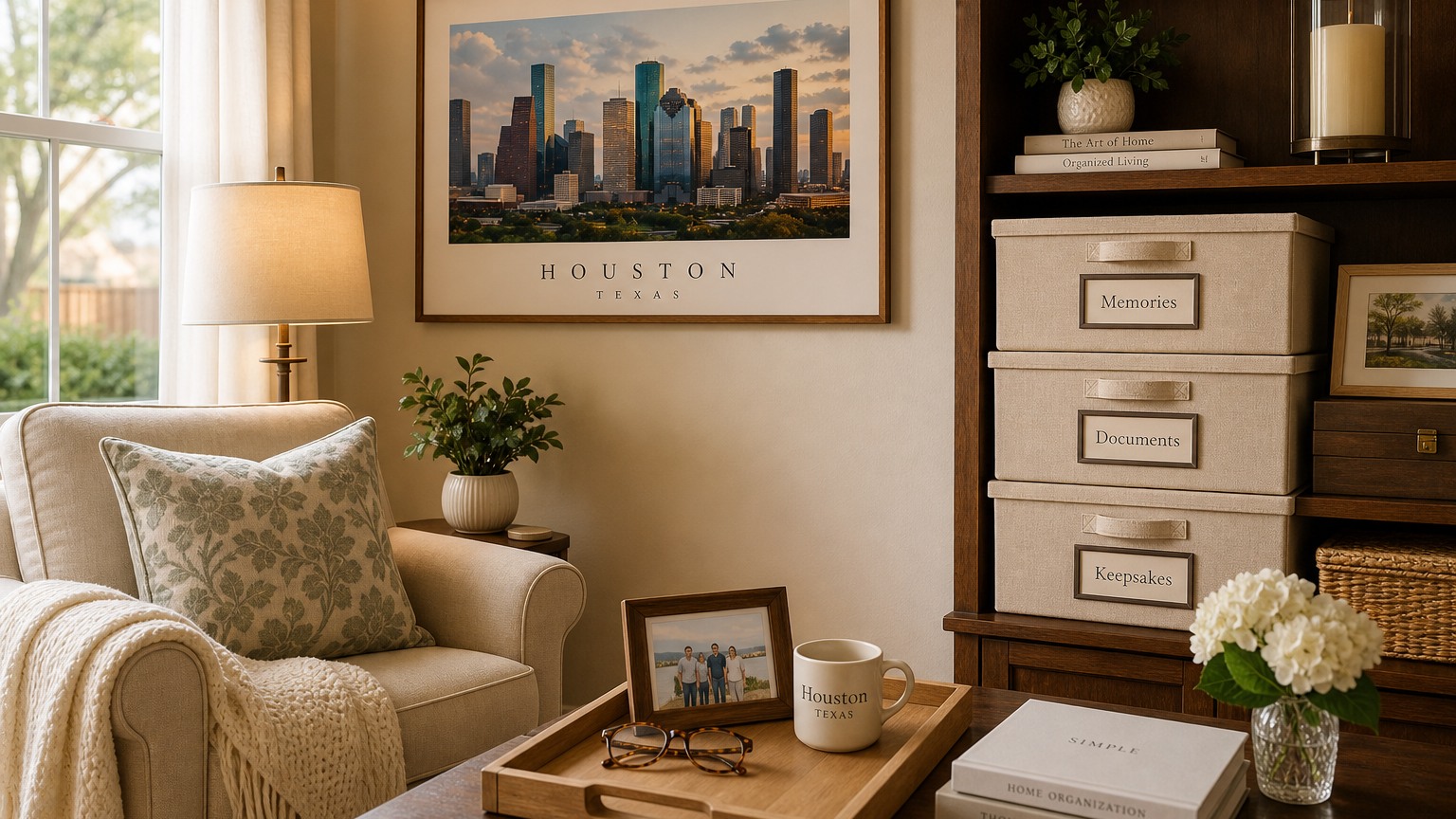 Organized Houston living room with labeled storage boxes for a senior life transition