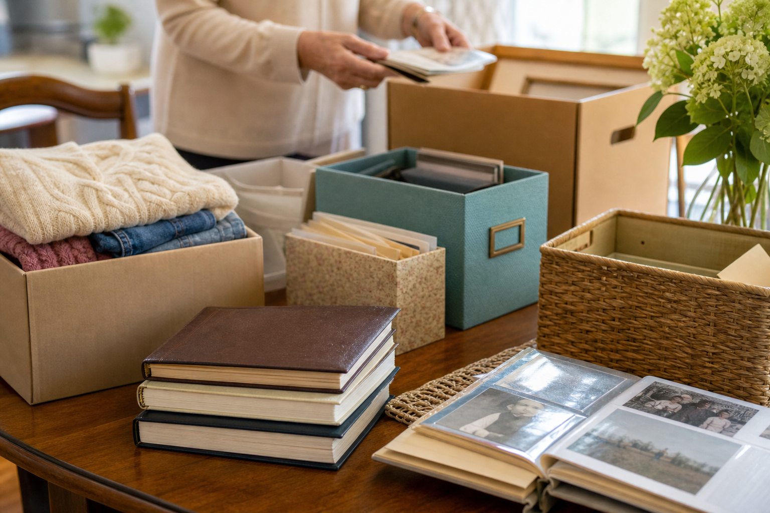 Thoughtful downsizing: sorted keepsakes and donation boxes on a table
