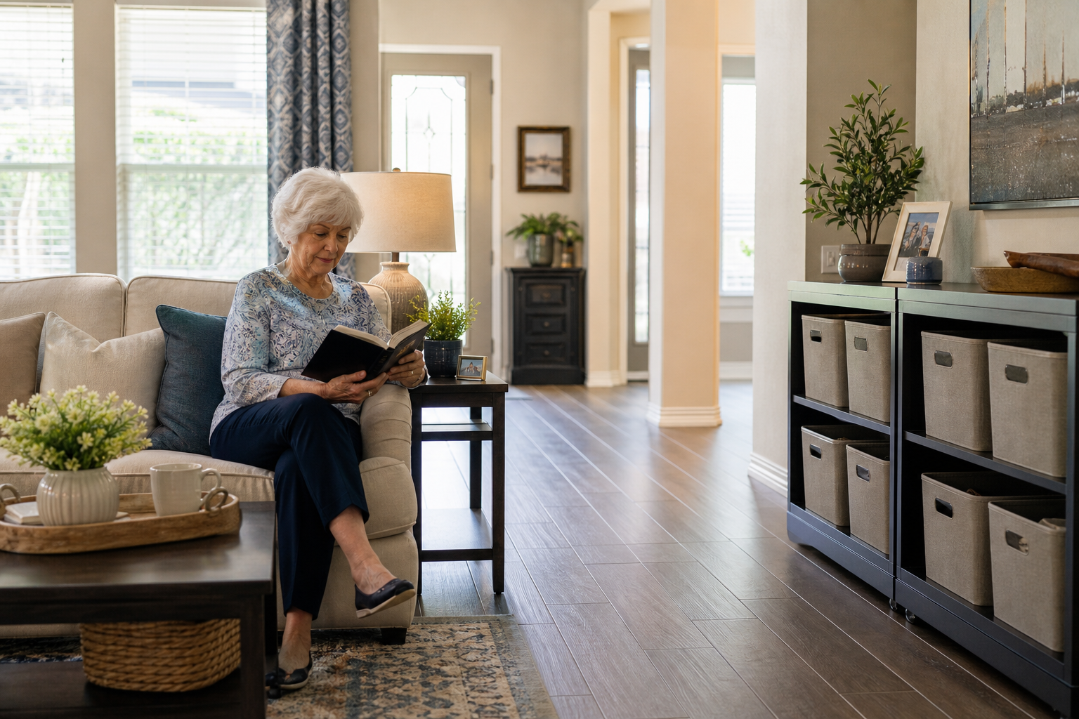 Clear, senior-friendly home space with safe paths and easy-to-reach storage