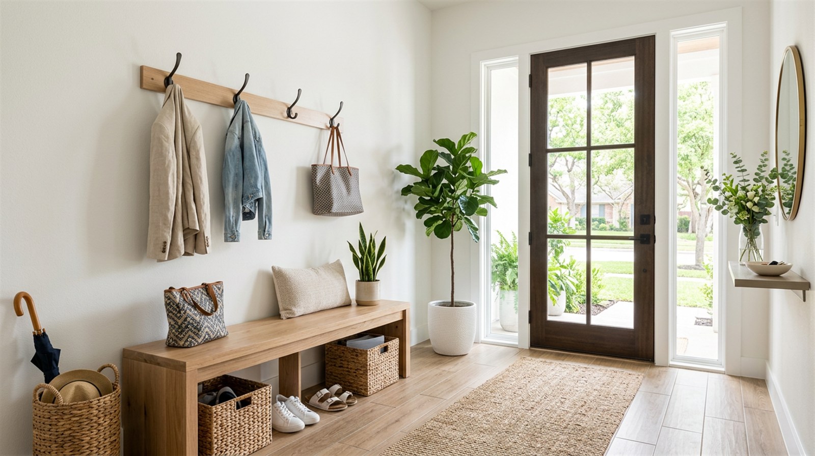 Organized modern entryway and mudroom—spring home organization in Houston