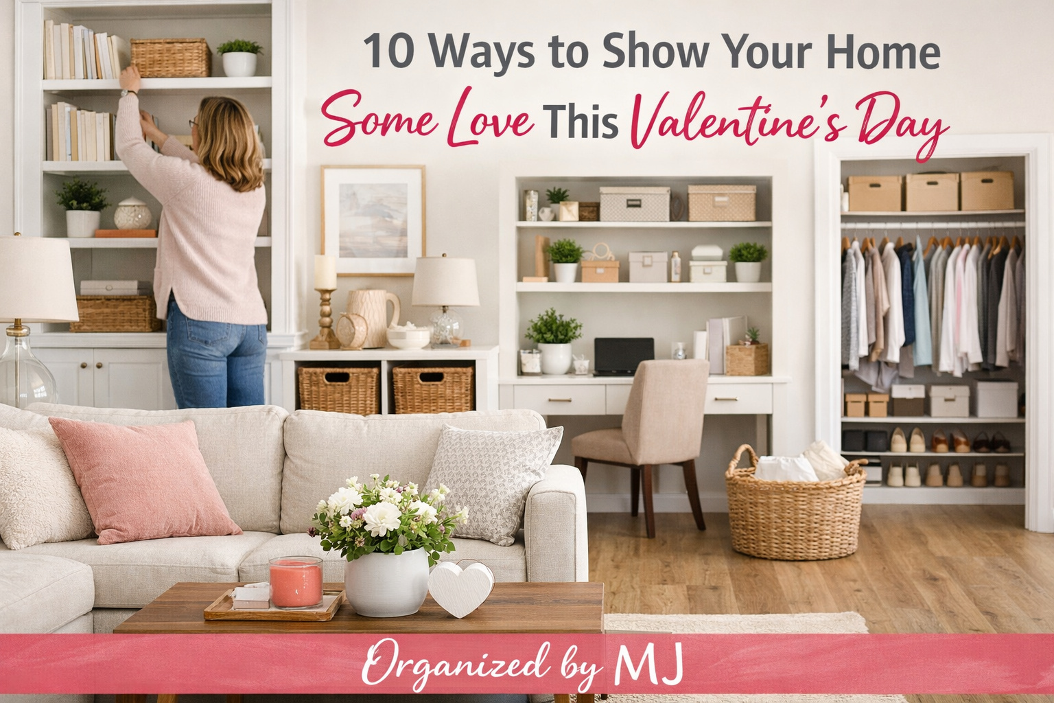 Professional home organizer decluttering and organizing a clean modern Houston home